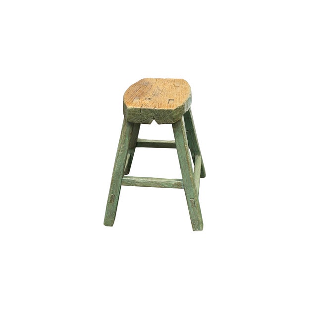 Rustic Bold Distressed Light Sage Green 4 Legs Wood Stool Side Table Stand For Sale - Image 10 of 15
