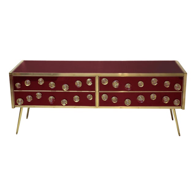 Italian Burgundy Murano Glass and Brass Sideboard from Justfurnituress SRL For Sale