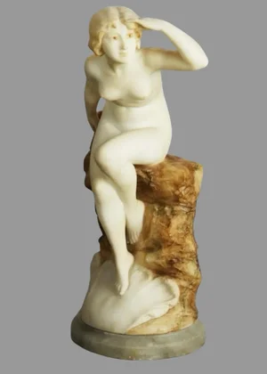 Antique Art Nouveau Alabaster & Marble Sculpture Statue Nude Sea Nymph A. Del Perugia 1910