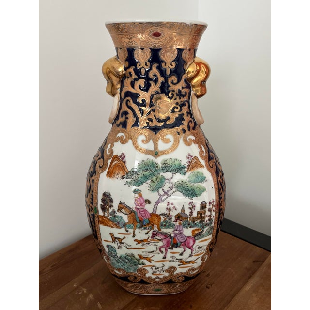 Vintage Mid 20th Century Chinese Export Vase Hunting Scene Motif With Foo Dog Handles For Sale - Image 4 of 12
