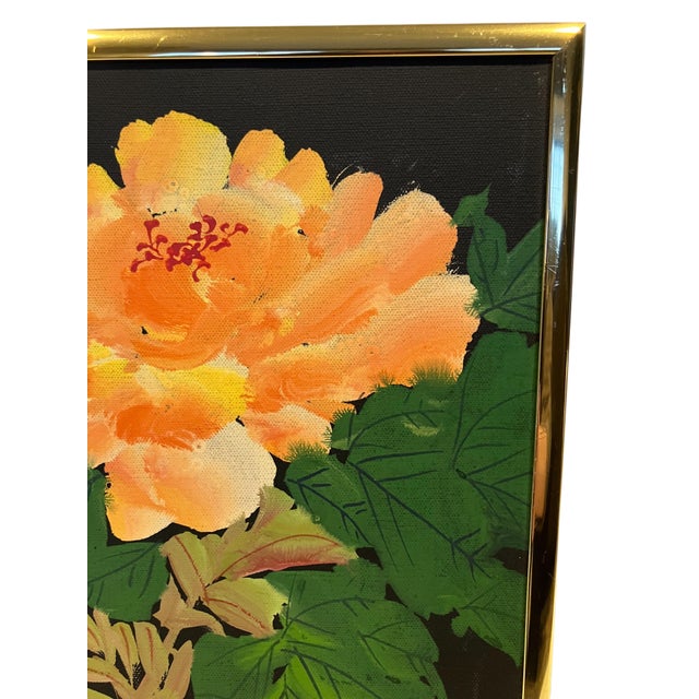 Original Traditional Chinese "Flower and Bird" Oil Painting in a Modern Brass Frame For Sale - Image 11 of 16