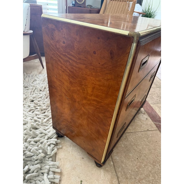 Campaign Vintage Baker Furniture Burl Wood & Brass Campaign Chest For Sale - Image 3 of 12
