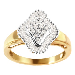10K Yellow Gold 1/2 Cttw Round And Baguette-cut Diamond Rhombus Head and Halo Ring (I-J Color, I1-I2 Clarity) - Ring Size 7 For Sale