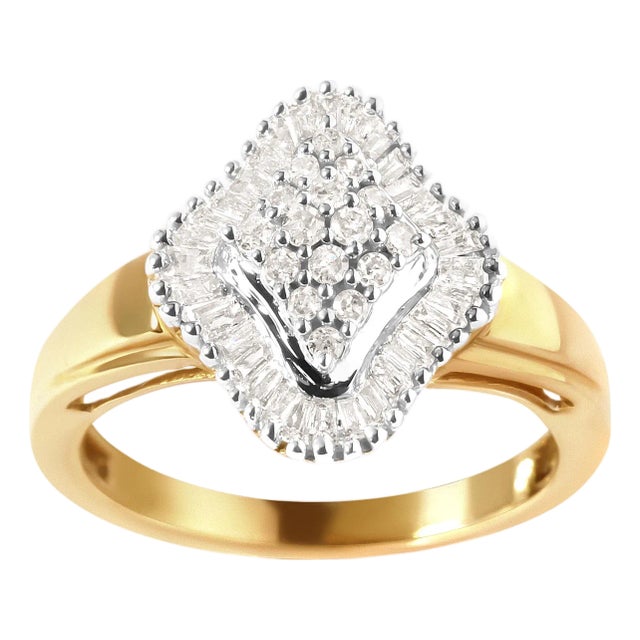 10K Yellow Gold 1/2 Cttw Round And Baguette-cut Diamond Rhombus Head and Halo Ring (I-J Color, I1-I2 Clarity) - Ring Size 7 For Sale