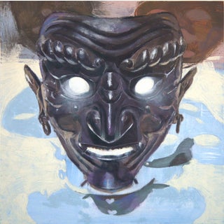 Sonem by Elena Burykina | Oil on panel Black mask with white eyes and a smiling mouth. For Sale