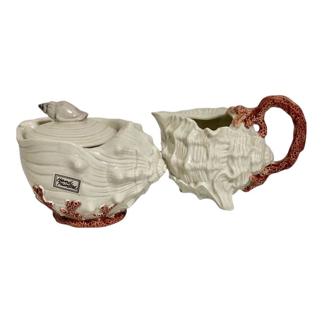 1989 Fitz and Floyd Hand Painted Coral Shells Collection Creamer and Sugar With Lid For Sale