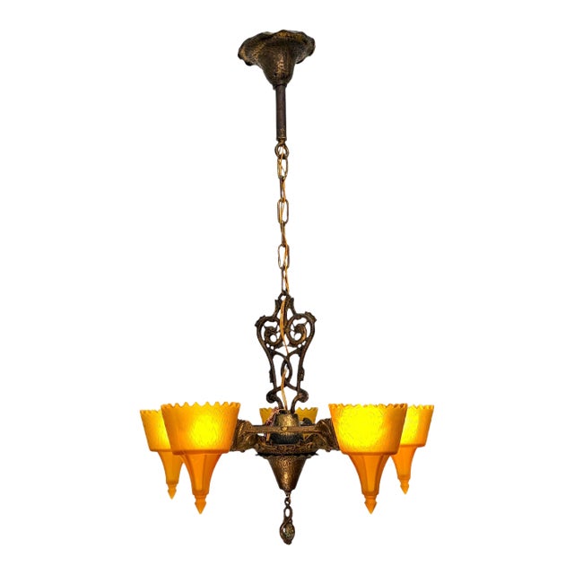 1930s 5 Light Spanish Revival With Amber Orange Glass Shades With Original Finish For Sale