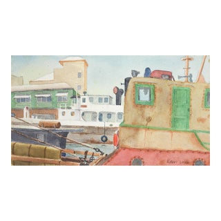 Mid 20th Century Ships in Harbor Watercolor Painting For Sale