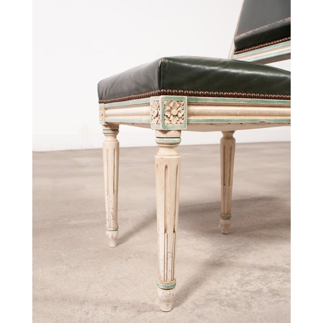 Set of Six Louis XVI Style Painted Dining Chairs Green Leather For Sale - Image 13 of 18