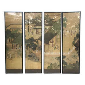 Monumental 19th Century Japanese Village Life Four Panel Wall Hanging From a Folding Floor Screen, Framed - Set of 4