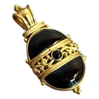 Gold Tone / Black Stone Victorian-Style Pendant For Sale
