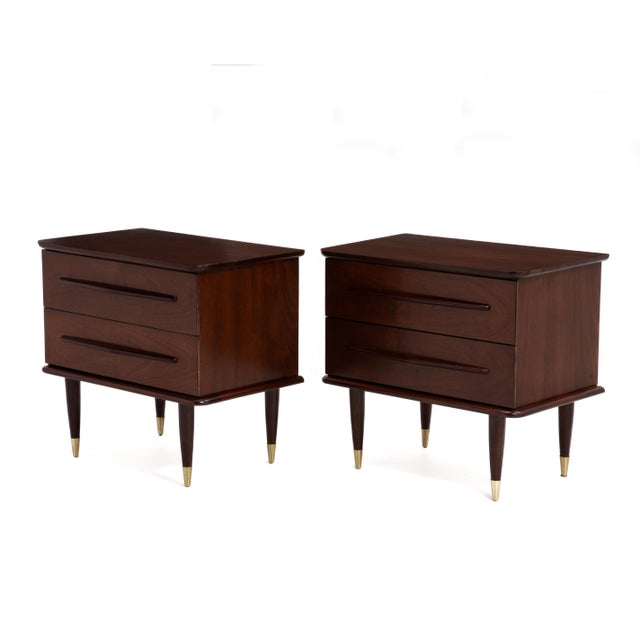 United Furniture Mid Century Mahogany Brass Nightstands a Pair Refinished For Sale In Philadelphia - Image 6 of 13