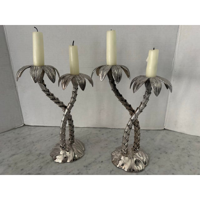 1970s Pair of Silver Plate Palm Tree Candlesticks by Godinger For Sale - Image 5 of 7