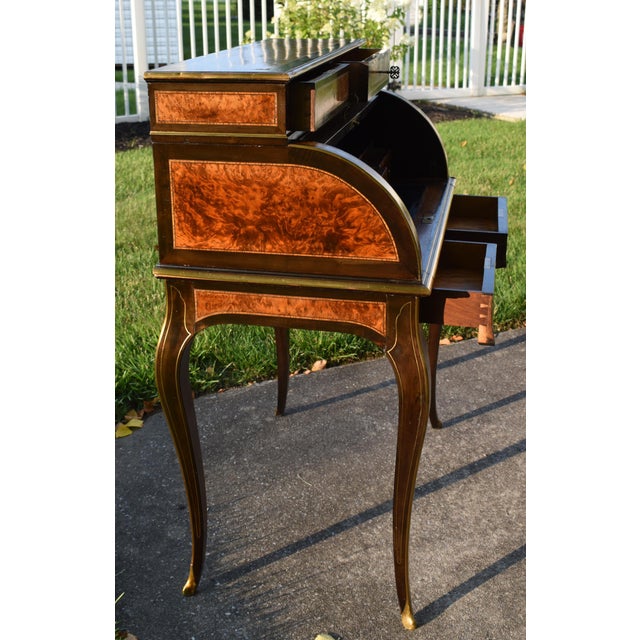 Antique French Walnut Desk Burl Brass Inlay Cylinder Roll Style Bureau Ormolu For Sale - Image 4 of 16