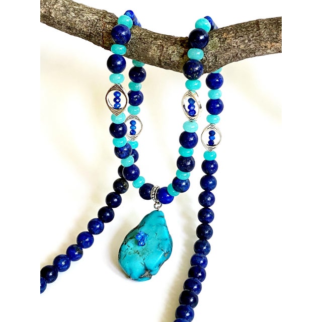 Artisan One-of-a-Kind Gemstone Necklace With Vintage Arizona Turquoise, Lapis Lazuli & Blue Chalcedony For Sale - Image 10 of 18