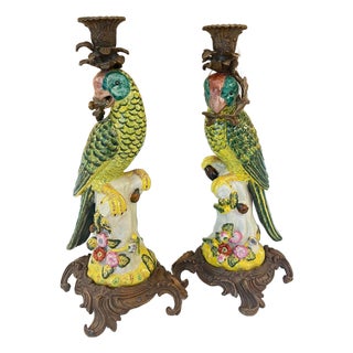 Vintage pair of bird figurine candle holders with bronze mounts // hand painted figurines // ceramic birds // elegant vintage decor For Sale