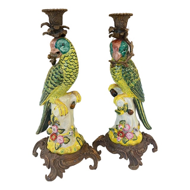 Vintage pair of bird figurine candle holders with bronze mounts // hand painted figurines // ceramic birds // elegant vintage decor For Sale