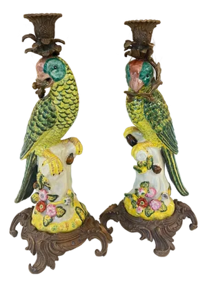 Vintage pair of bird figurine candle holders with bronze mounts // hand painted figurines // ceramic birds // elegant vintage decor