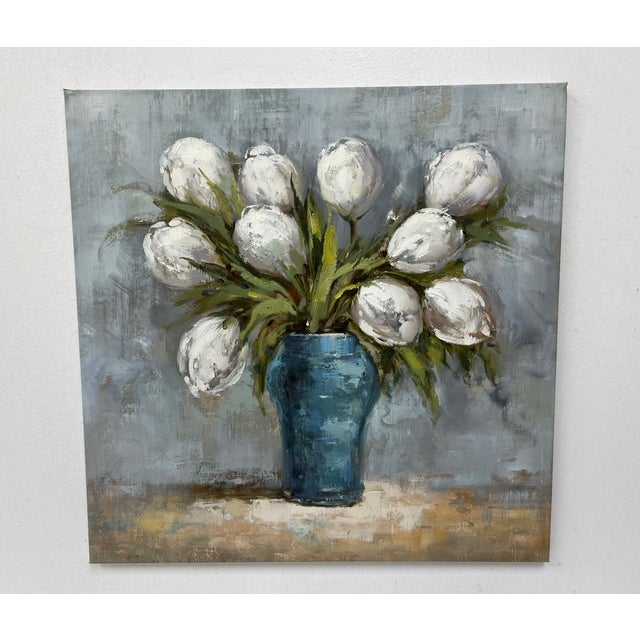 A beautifully textured original oil painting on canvas featuring white blooms in a rich blue vase. Loose impressionist...
