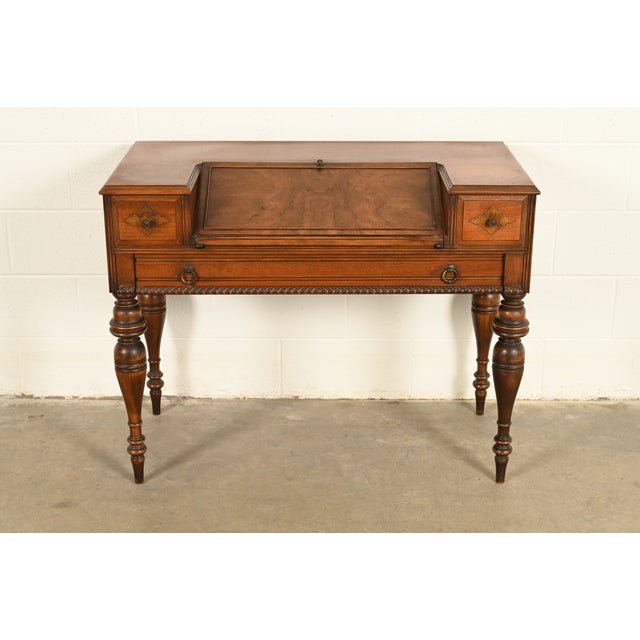 Grand Rapids Chair Co. Antique Victorian Carved Walnut Slant Front Writing Desk, Circa 1930s For Sale - Image 15 of 15