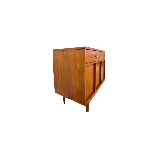 Vintage Mid-Century Modern 9 Drawer Dresser With Diamond Parquet Accent Inlay and Dovetailed Drawers For Sale In Seattle - Image 6 of 11