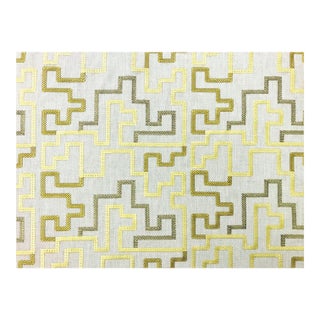 Designer Beige Cotton Olive Lime Green Embroidered Abstract Geometric Drapery Fabric For Sale