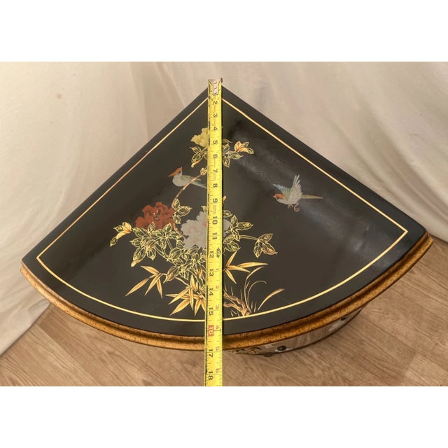 Vintage Chinese Corner Cabinet Chinoiserie Mother of Pearl Applique Asian Style For Sale - Image 10 of 11