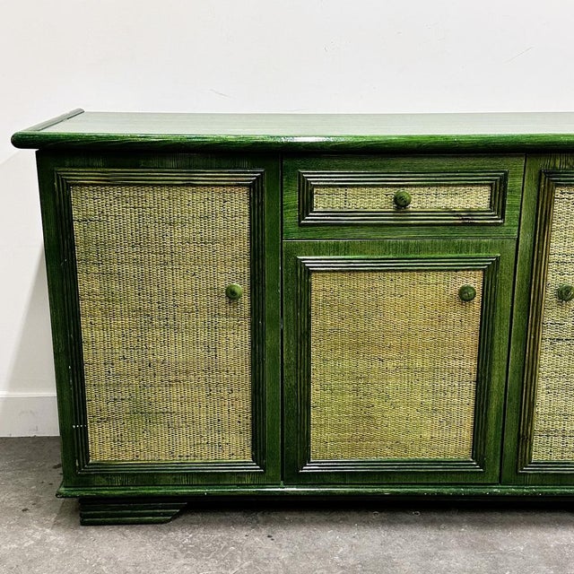 Vintage Green Lacquered Sideboard with Woven Cane Panels, Italy, 1980s For Sale - Image 6 of 15
