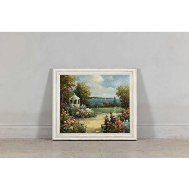 Impressionist Style Garden Painting with Gazebo and Waterfront, Signed R. Johns For Sale In New York - Image 6 of 12