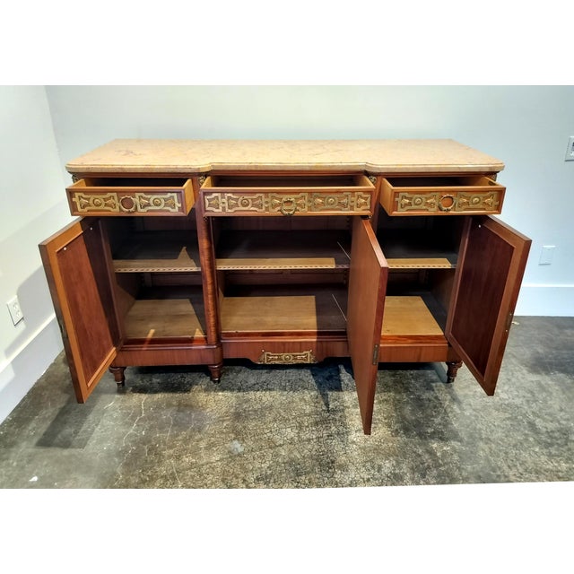 Early 20th Century Belgian Louis XVI Style Marble Top Marquetry Sideboard With Decorative Brass For Sale - Image 5 of 11