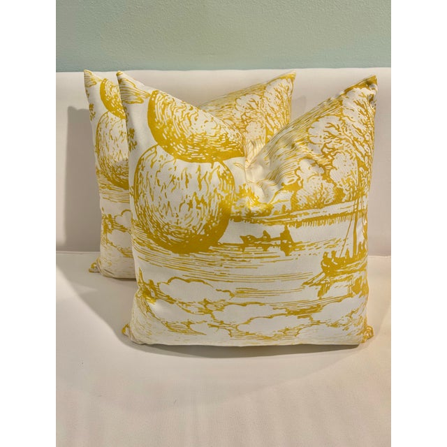 2020s Contemporary Custom Schumacher “Modern Toile” Yellow 18” Pillows With Down Inserts - A Pair For Sale - Image 5 of 10