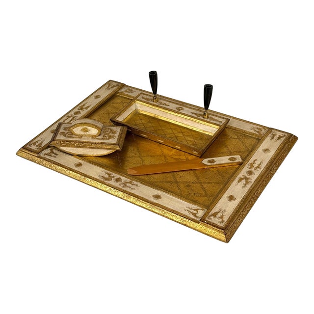 Vintage Italian Rococo Gold Gilt Library Pen Holder Desk Set For Sale