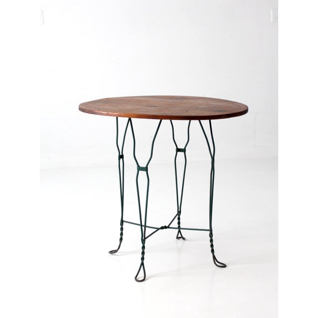 Wood Vintage Mid-Century Wrought Iron Bistro Table With Wood Top For Sale - Image 7 of 13
