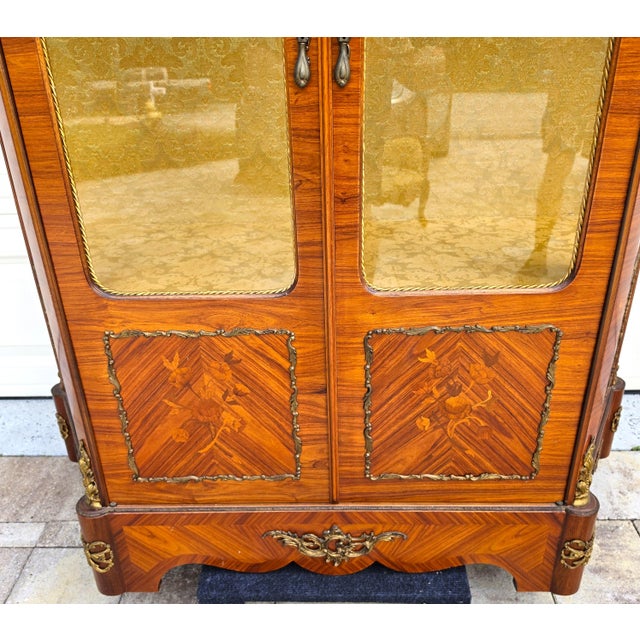 Wood French Louis XV Marquetry Display Cabinet Figural Mounts Porcelain Medallions For Sale - Image 7 of 18
