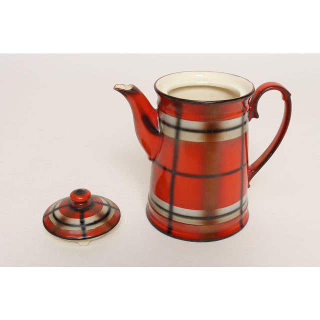 Mid-Century Modern Vintage Czech Bohemian Orange Tartan Plaid Art Pottery Pitcher Teapot by Erphila For Sale - Image 3 of 17