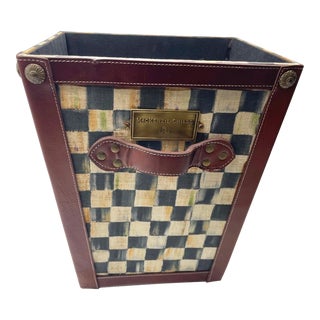 Mackenzie Childs Courtly Check Lined Bin Holder W/Leather Handles For Sale