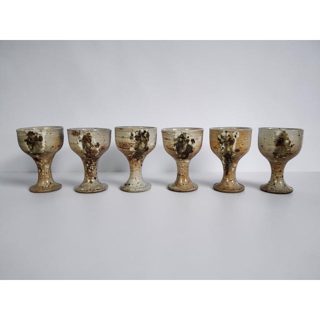 Brutalist Stoneware Stemmed Cups from by Vézelay Pottery Albert Breton , 1970s, Set of 6 For Sale - Image 3 of 7