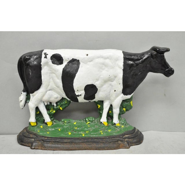 Antique Black and White Dairy Cow Cast Iron Painted Large Figural Door Stop For Sale - Image 9 of 9
