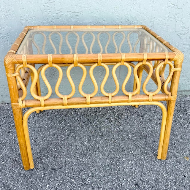 Boho Chic Serpentine Rattan Glass Top Side Table For Sale In West Palm - Image 6 of 6