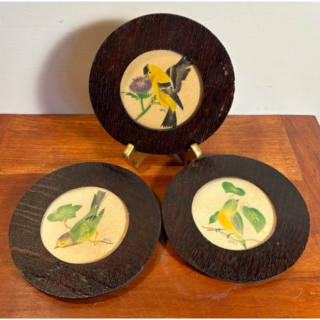 Antique Set of Three Small Theorum Paintings of Birds in Wood Frames For Sale - Image 11 of 11