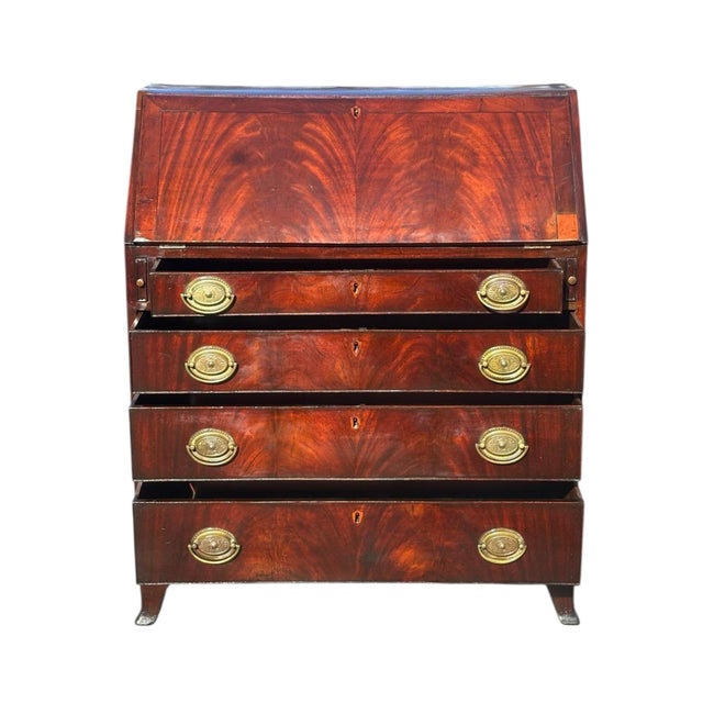 Antique George III Figured Mahogany Slant Lid Writing Desk With Rare Brass Pulls For Sale In Boston - Image 6 of 12
