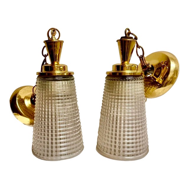 1950s Brass and Tapered Holopane Pendant Lights - a Pair For Sale
