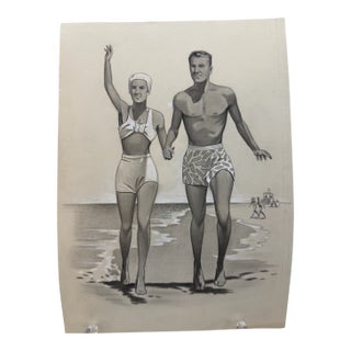 Original Signed Graphite Illustration of Couple Walking Along the Beach, 11 X 8 In. For Sale