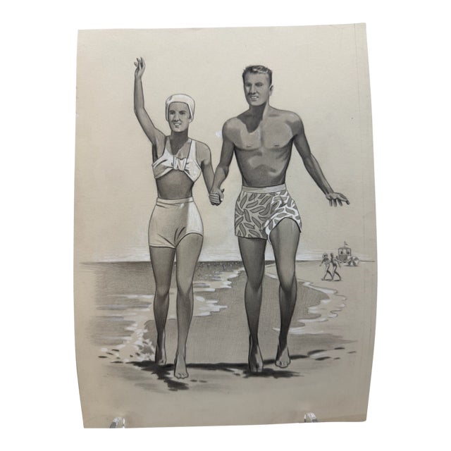 Original Signed Graphite Illustration of Couple Walking Along the Beach, 11 X 8 In. For Sale