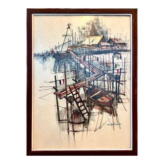 1960s Mid-Century Modern Thai Fishing Village Original Watercolor Painting by Sanga Mukmanee - Framed For Sale