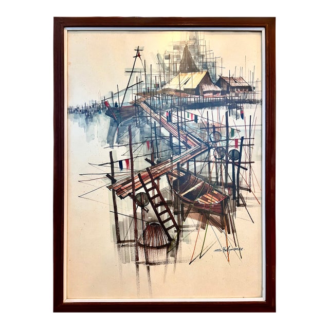 1960s Mid-Century Modern Thai Fishing Village Original Watercolor Painting by Sanga Mukmanee - Framed For Sale