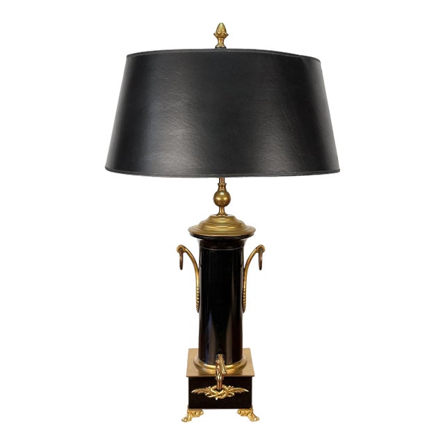 Antique French Empire Brass Urn Black Shade Table Lamp For Sale