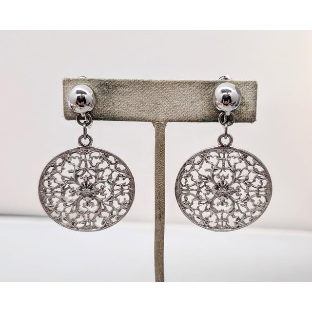 Mid-Century Modern Vintage C1973 Signed Napier Rhodium Plated Openwork Drop Clip Earrings-2 Pieces For Sale - Image 3 of 8
