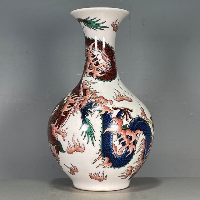 Late 20th Century Vintage Chinese Famille Rose "Mighty Dragon" Vase With Poem, Qianlong Mark For Sale - Image 5 of 9