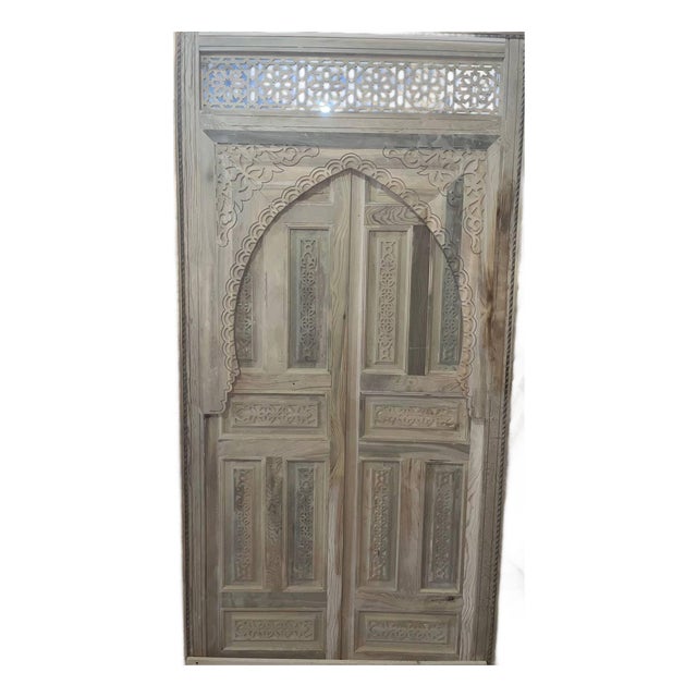 Hand-Carved Moroccan Cedar Wood Door – Arched Rustic Entryway, Statement Home Decor For Sale